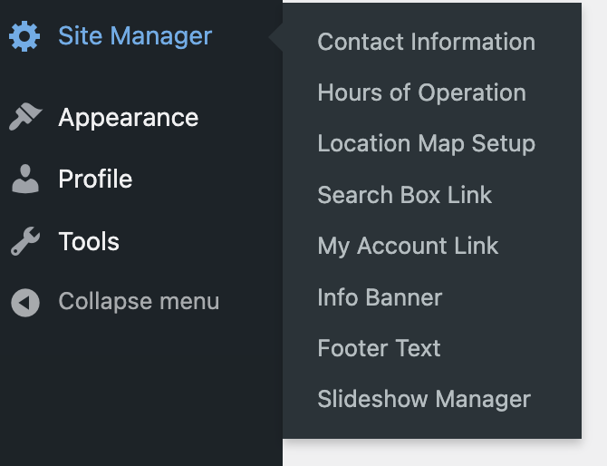 Screenshot of the Site Manager area of the Admin Bar revealed when hovering over the Site Manager label